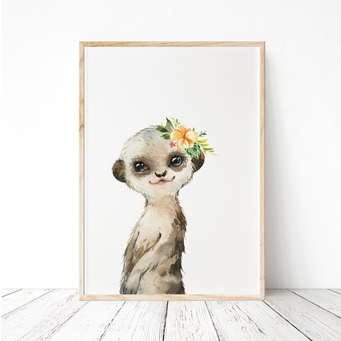 Painted Floral Baby Meerkat Print